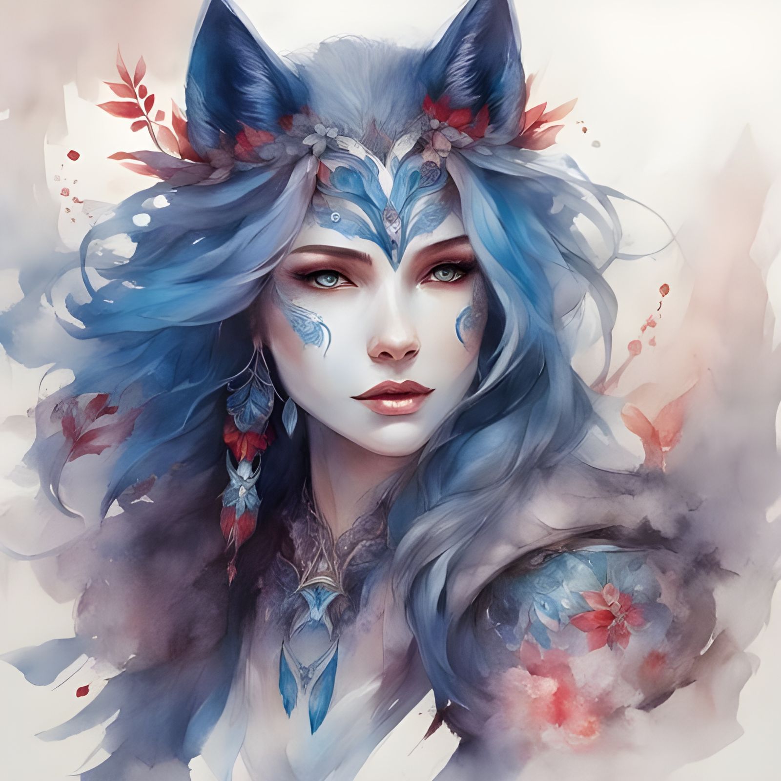 Watercolor Portrait of a Beautiful Wolf Woman