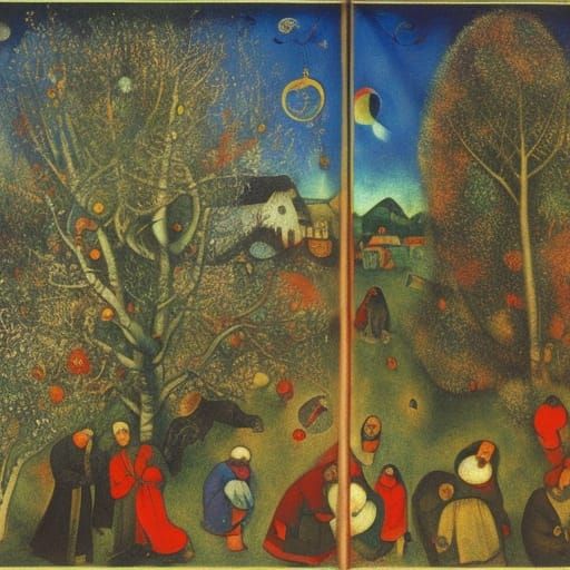 Surreal Garden Scene with Christmas Trees