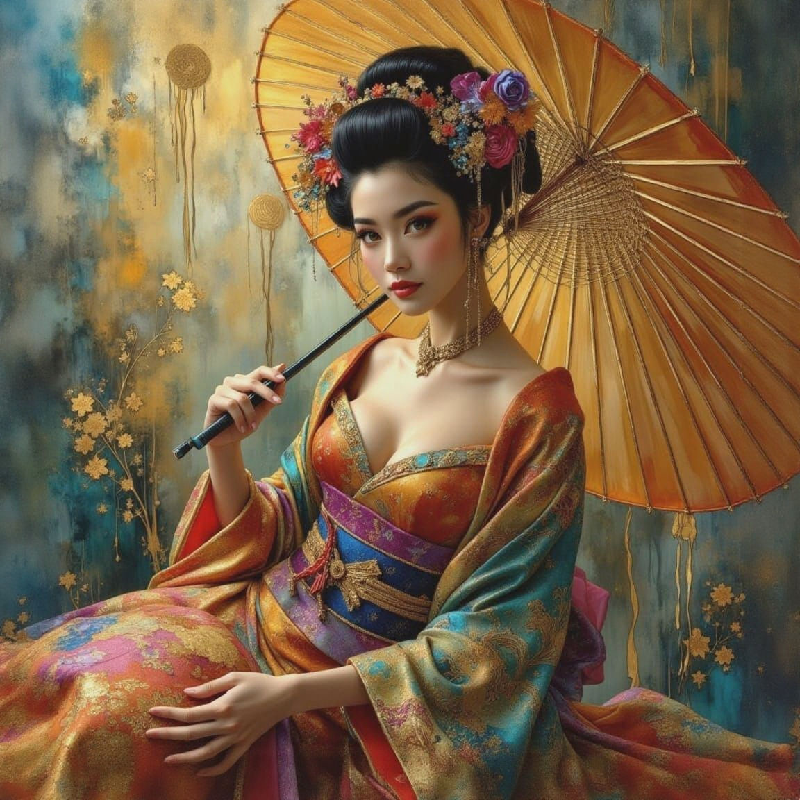Ethereal Geisha with Golden Accents in Oil Paint Style