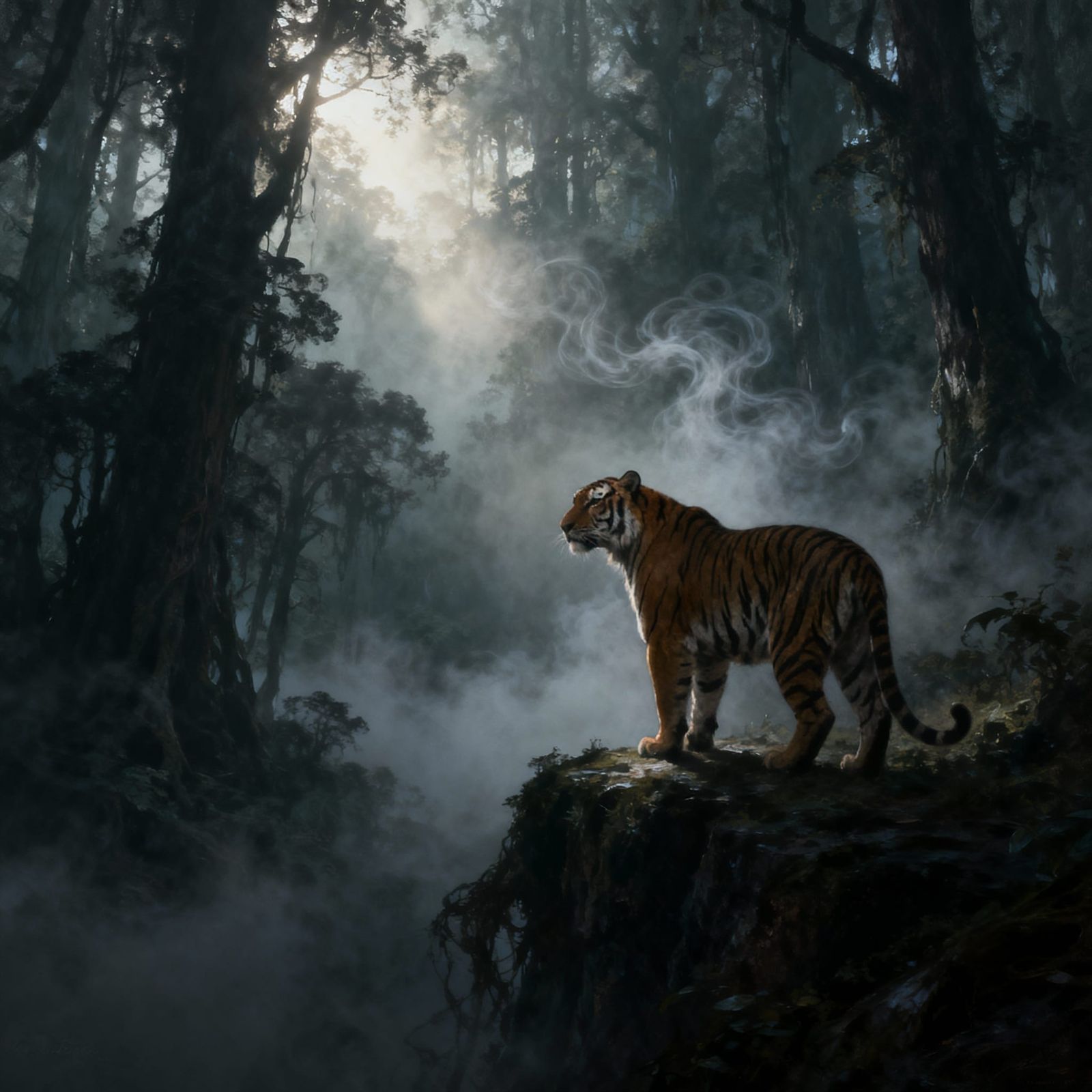 Majestic Tiger in Foggy Ancient Forest - Dark Fantasy Art