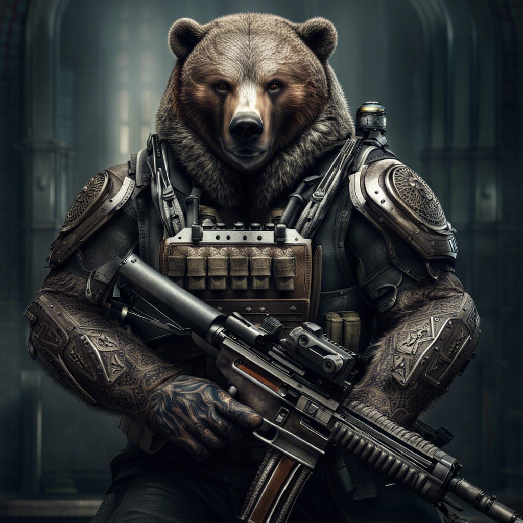 Armored Bear Portrait with Machine Guns