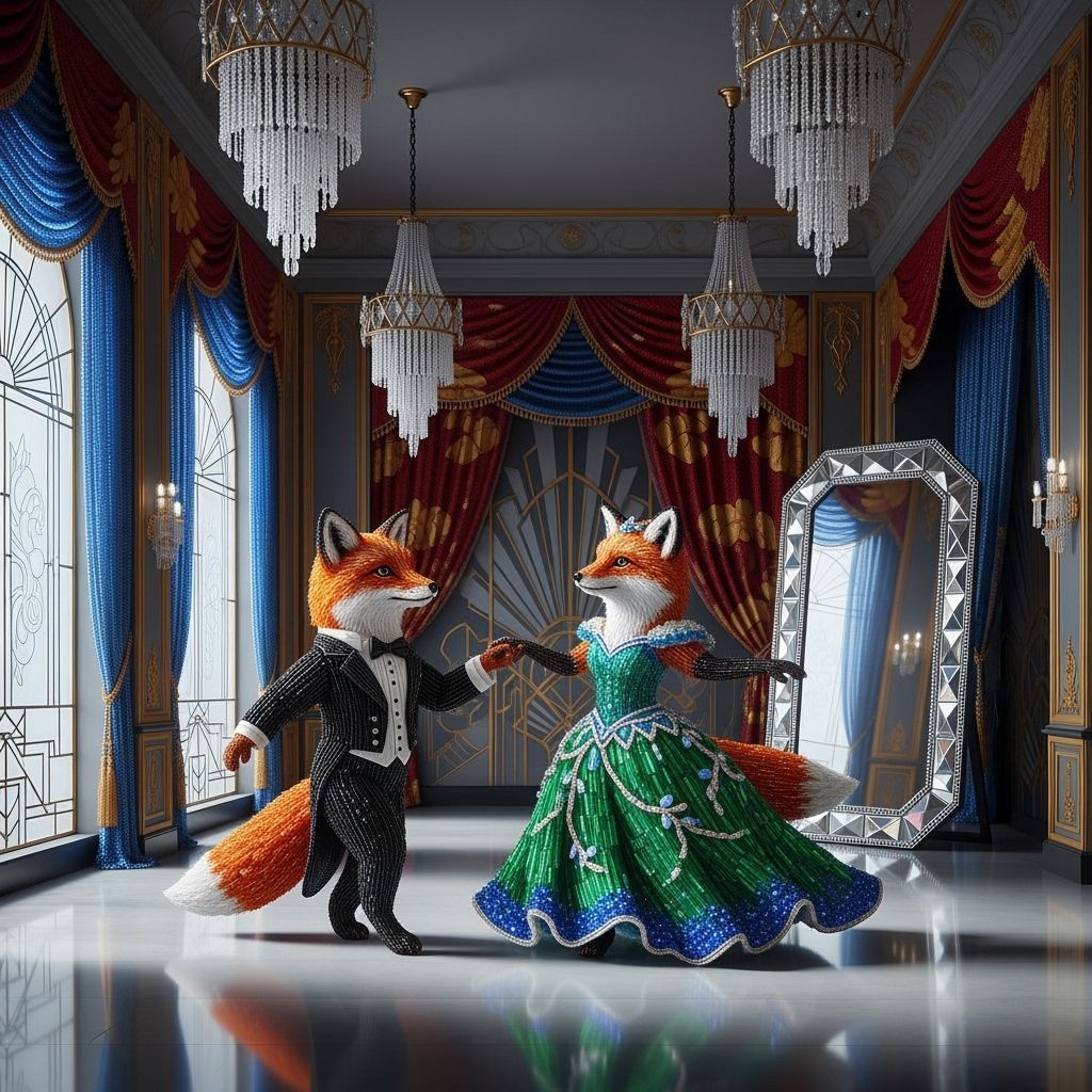 Beaded Foxes Dancing in Art Deco Ballroom
