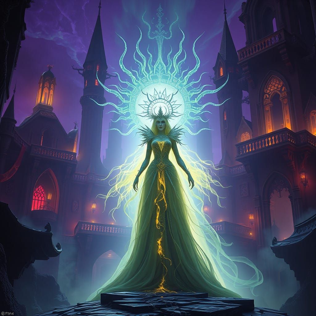 Dark Fantasy Princess in Eerie R'lyeh Cityscape