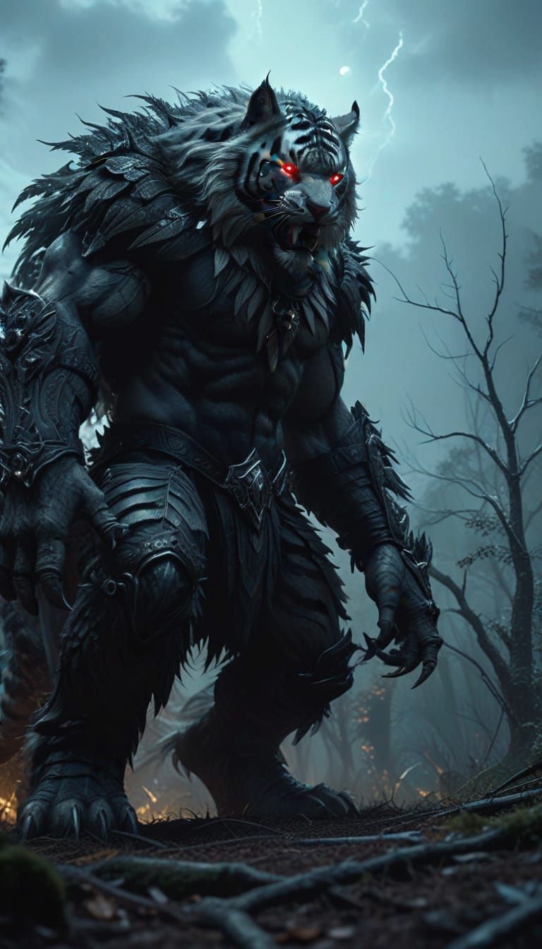 Gothic Tiger Warrior in Intimidating Pose, Smirking with Moo...