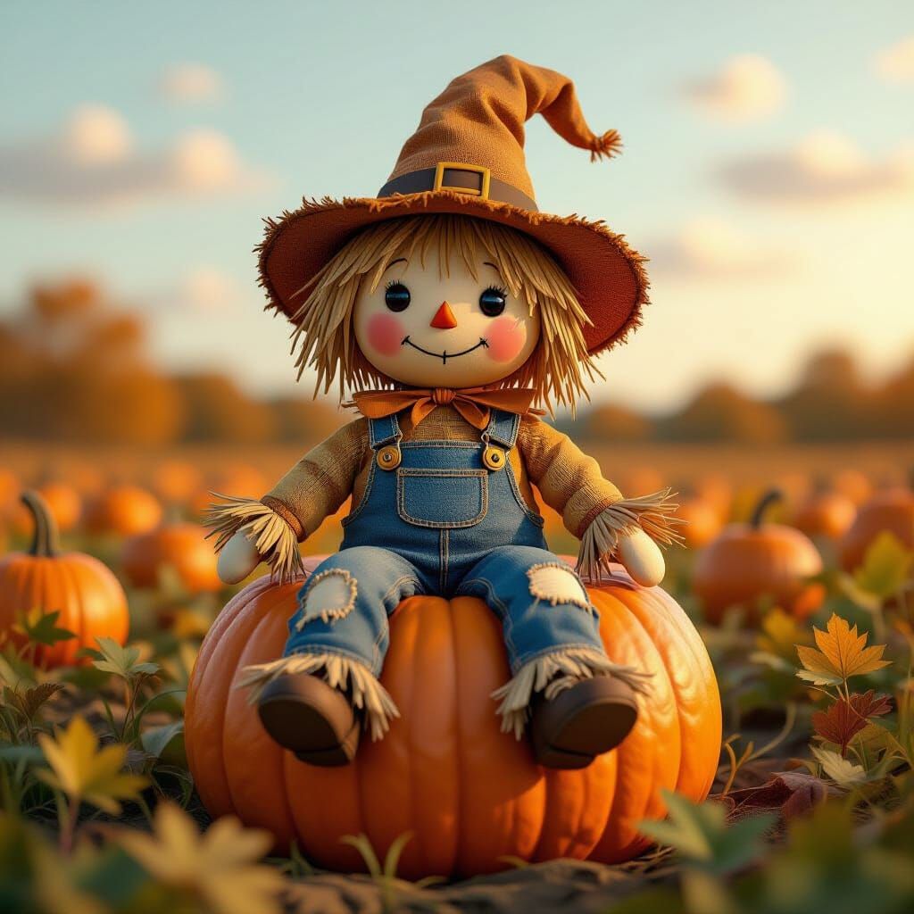 Cute Scarecrow Sits on Pumpkin in Vibrant Patch