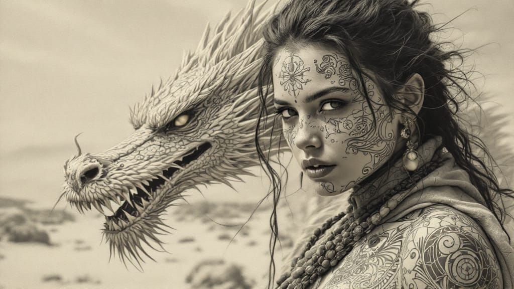Dragon Rider Woman with Colossal Dragon in Desert