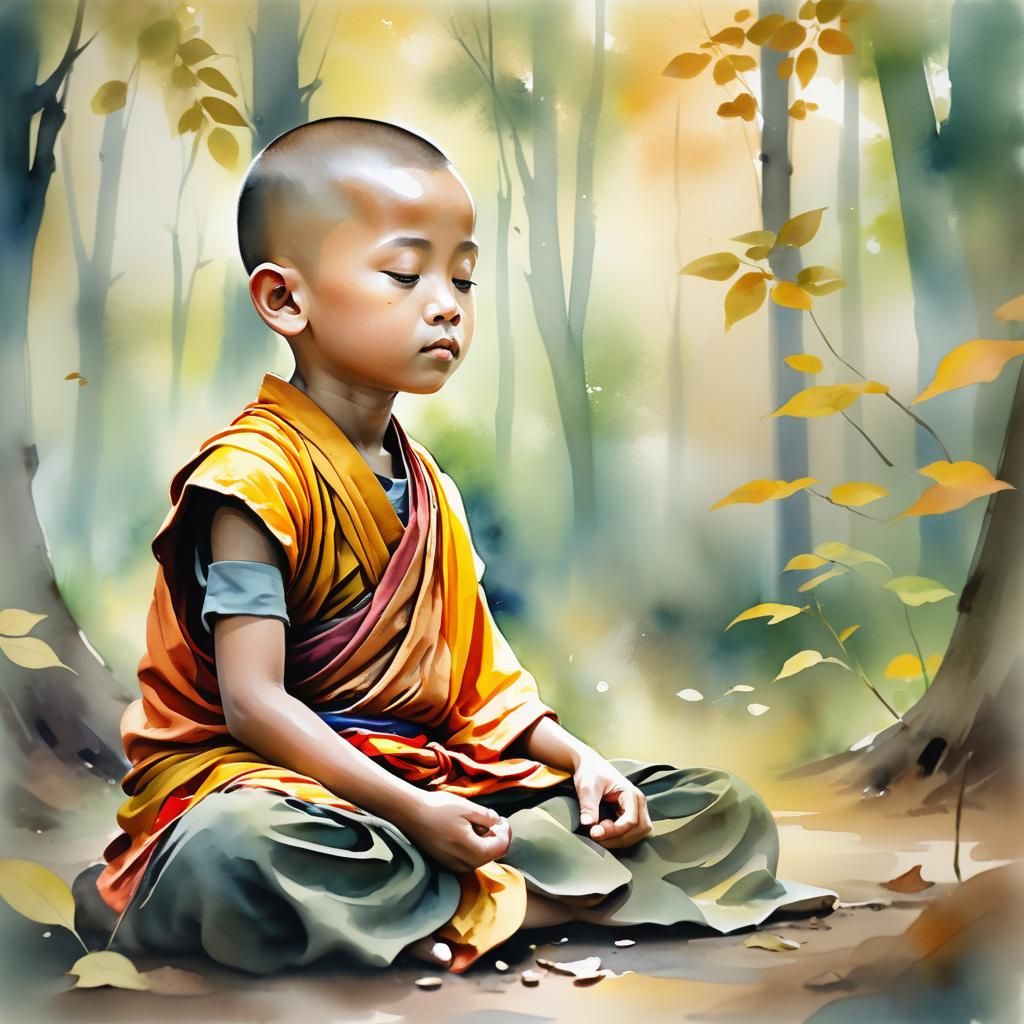 Watercolor: Buddhist Child Monk Meditating at Sunrise