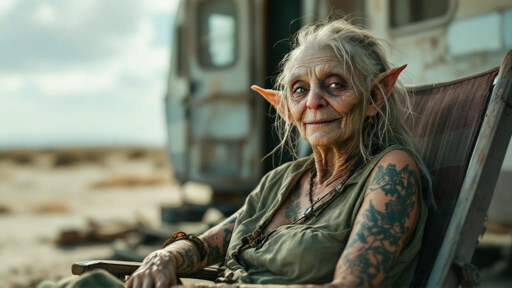 Ethereal Portrait of a Faded Goblin Woman in a Bleached Wast...