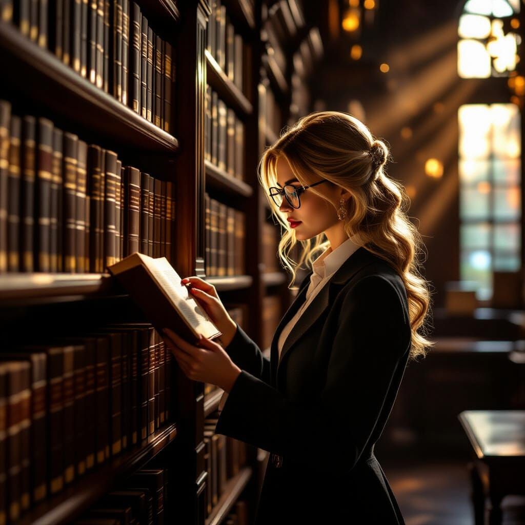 Beautiful Librarian Selects Book in Atmospheric Library