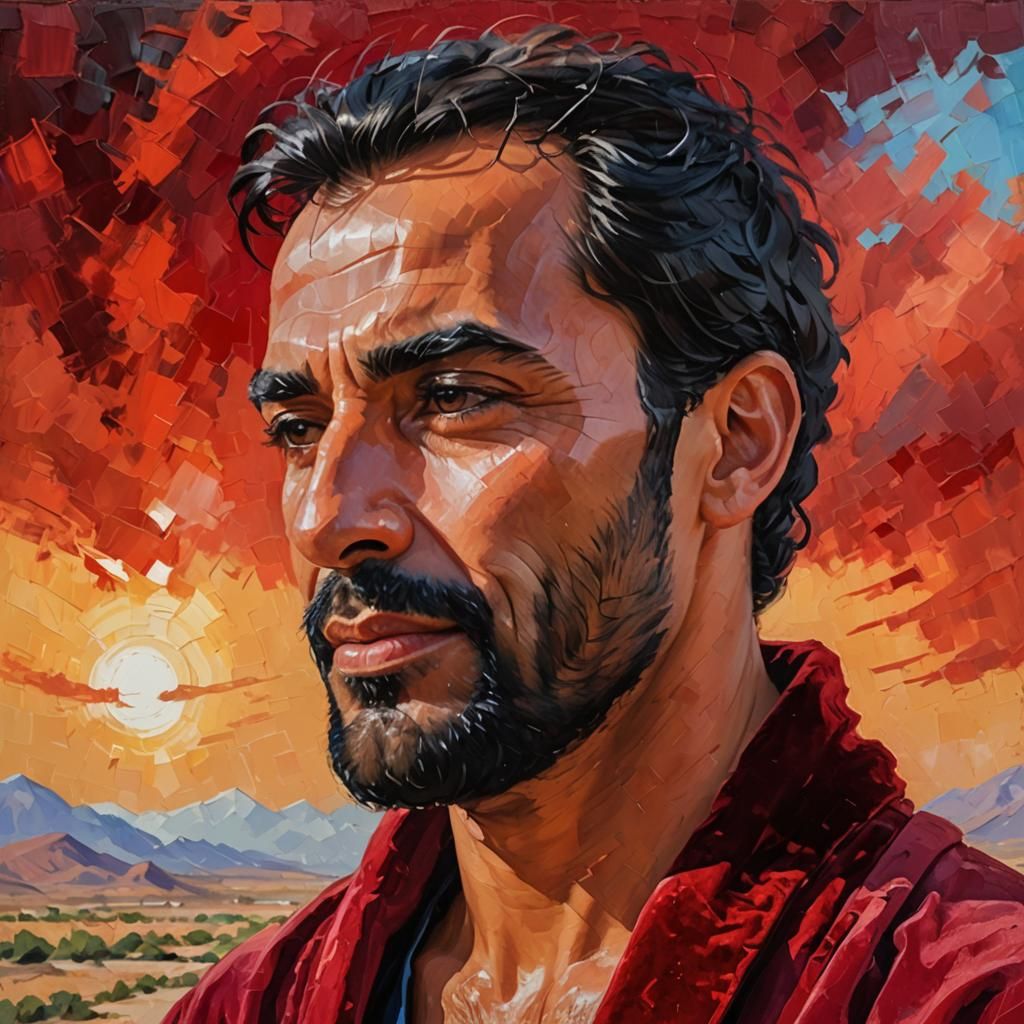 Attractive Arab Man in Red Robe: Impasto Oil Painting