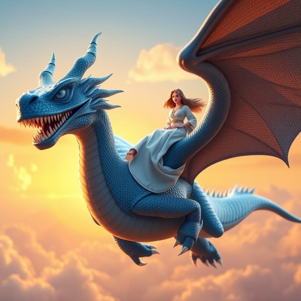 Majestic Blue Dragon Soaring at Sunset in 3D
