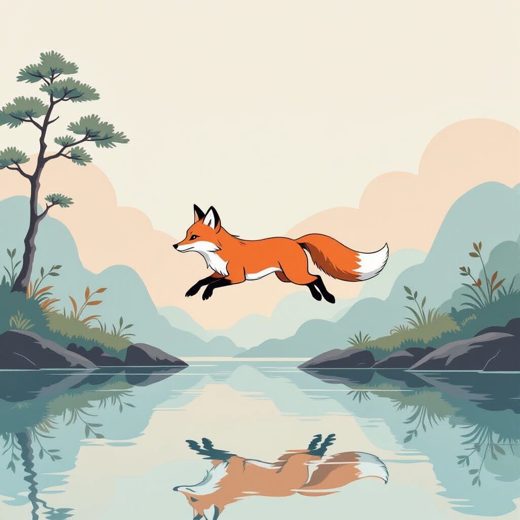 Minimalist Fox Spirit Leaping Over Water