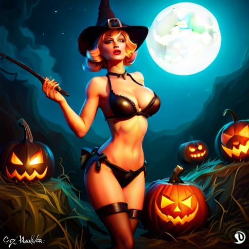 Halloween Witch Pinup in Art Nouveau Style