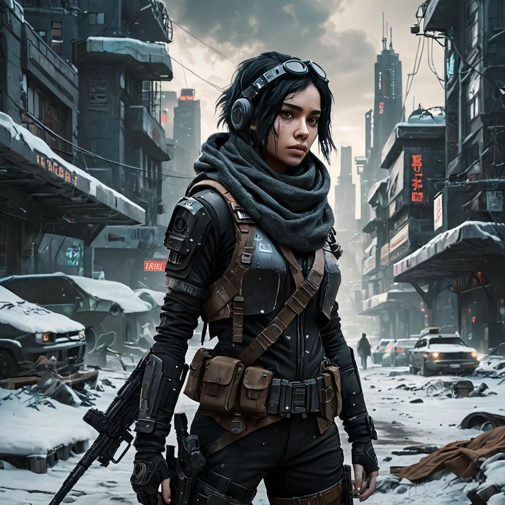 Cyberpunk Warrior Seeks Shelter in Post-Apocalyptic Winter W...