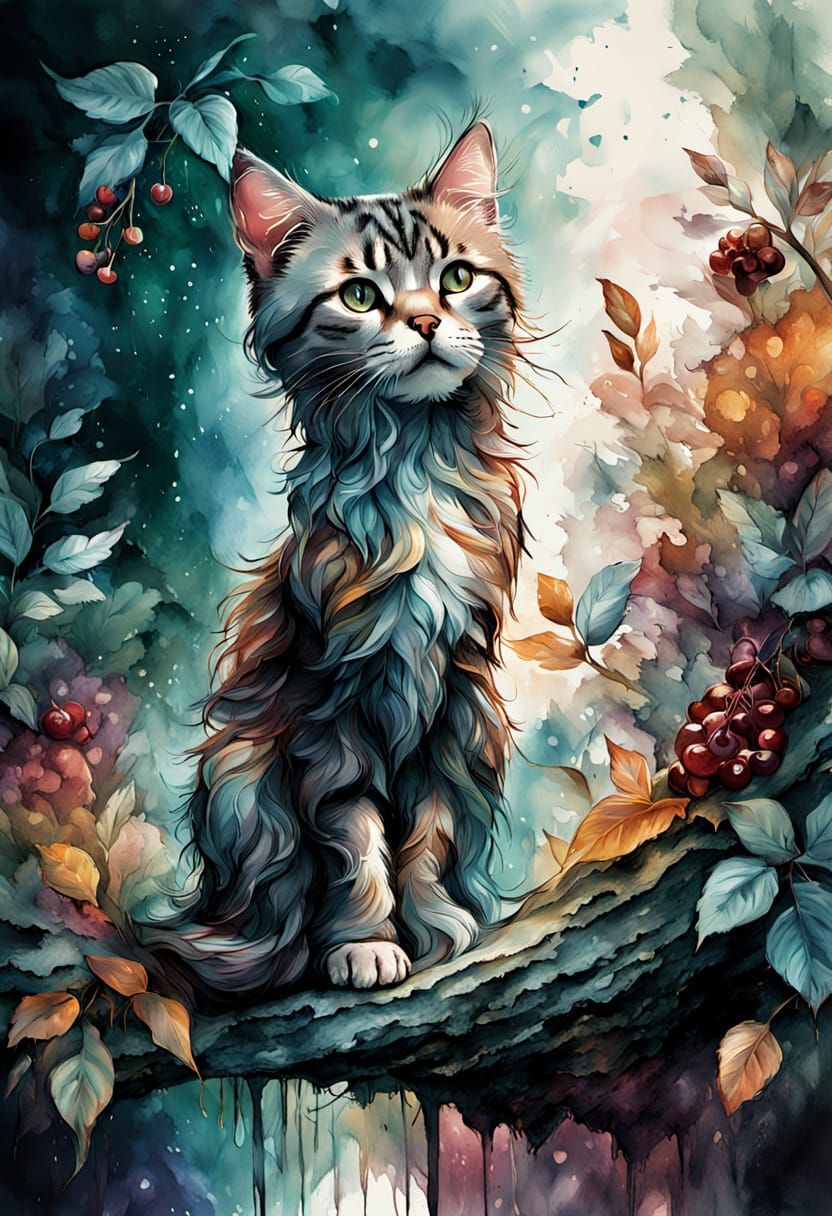 Emerald Cat Leaps: Ink Sketch in Maximalist Style