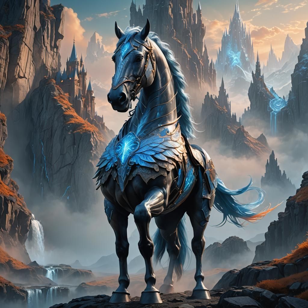 Armored Horse with Wings in Mystical Landscape