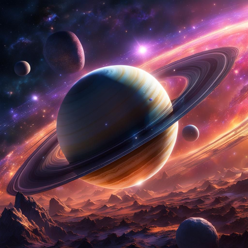 Magical Saturn Drawing with Sparkling Stars