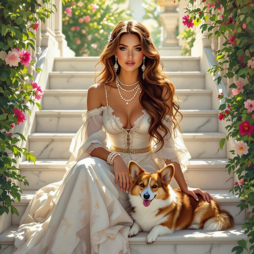 Elegant Woman with Corgi in Rembrandt-Rackham Style