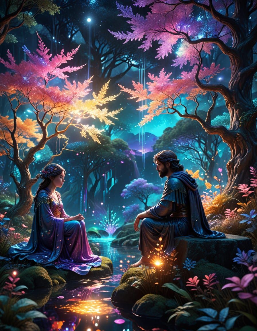 Neon Goddesses in Whimsical Moonlit Landscape