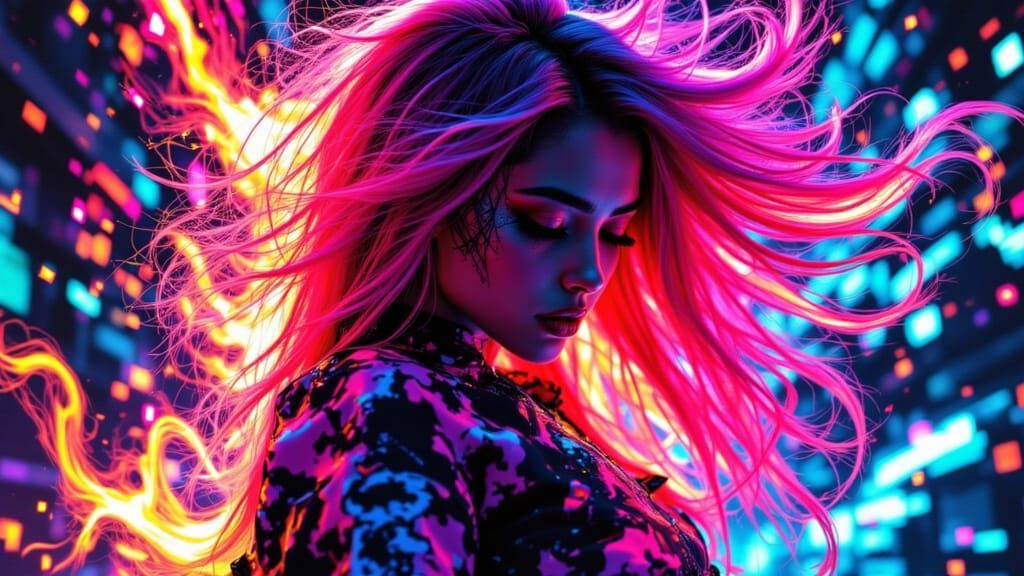 Cyberpunk Goddess Radiates Neon Glory