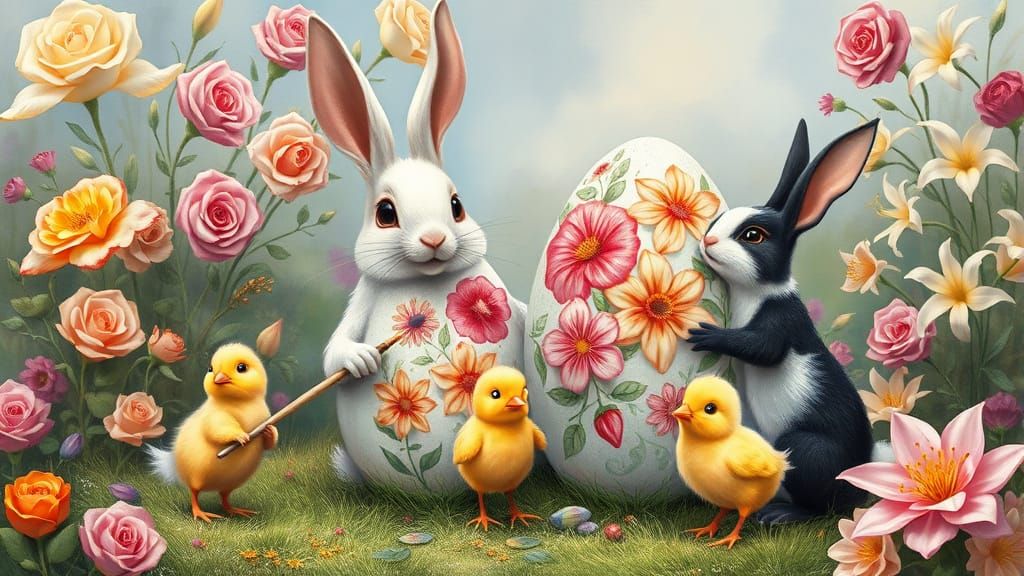 Rabbits and Chicks Painting Easter Eggs