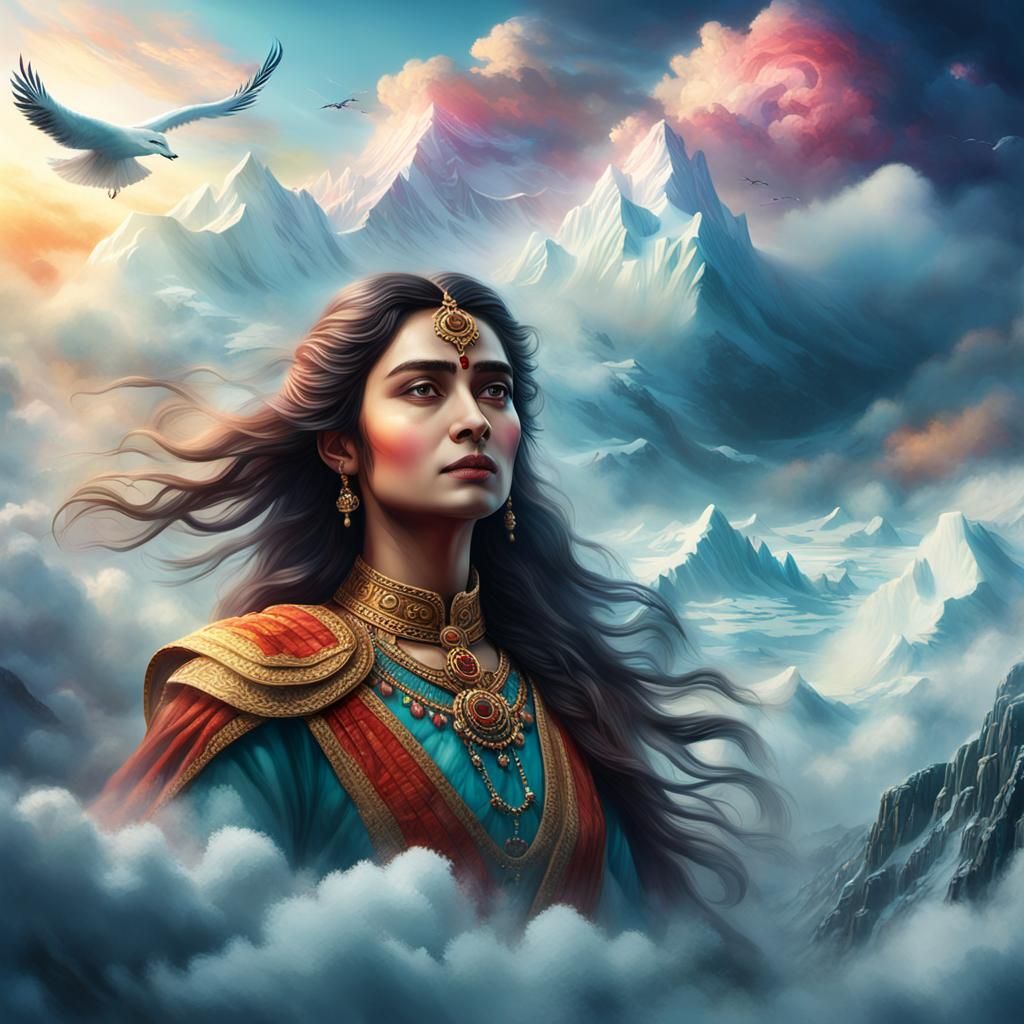 Ethereal woman of pre-Mahabharata era floating gracefully am...