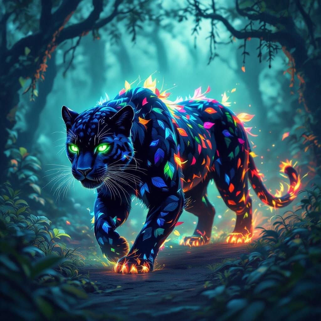 Mystical Leaf Panther in Bioluminescent Jungle