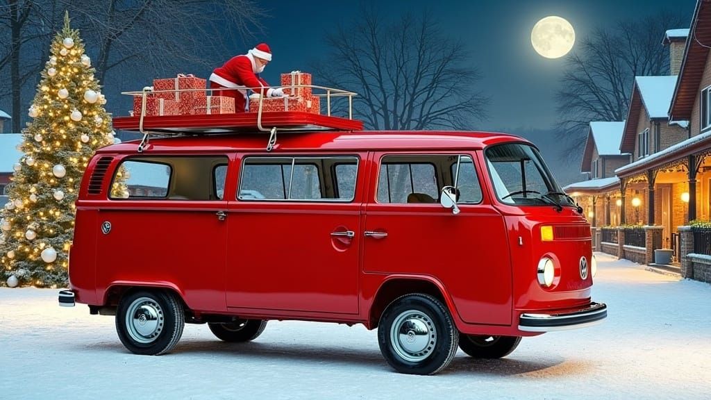 Vintage Red Volkswagen T2b Kombi L in Winter Wonderland