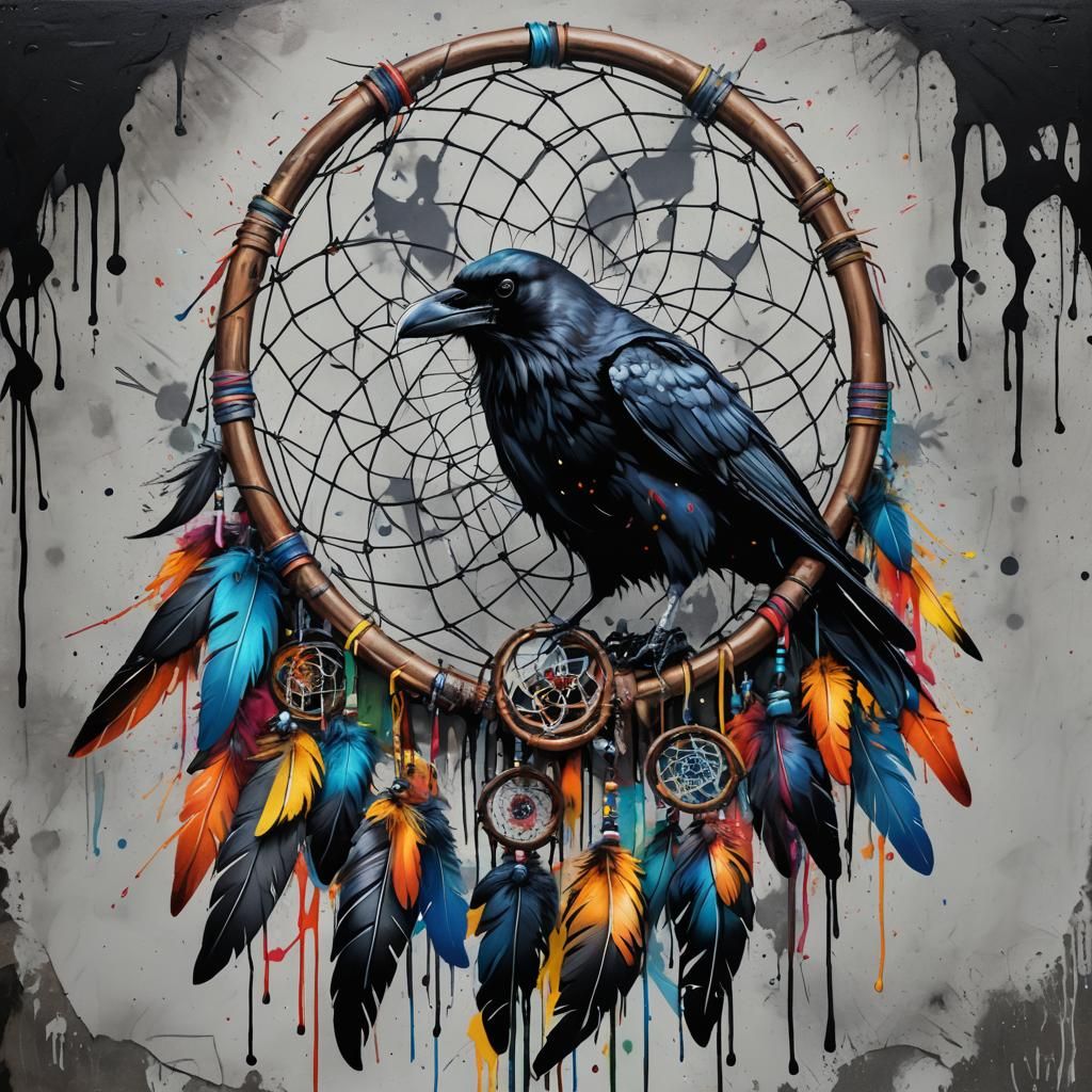 Crow Perched on Dreamcatcher in Graffiti Art Style