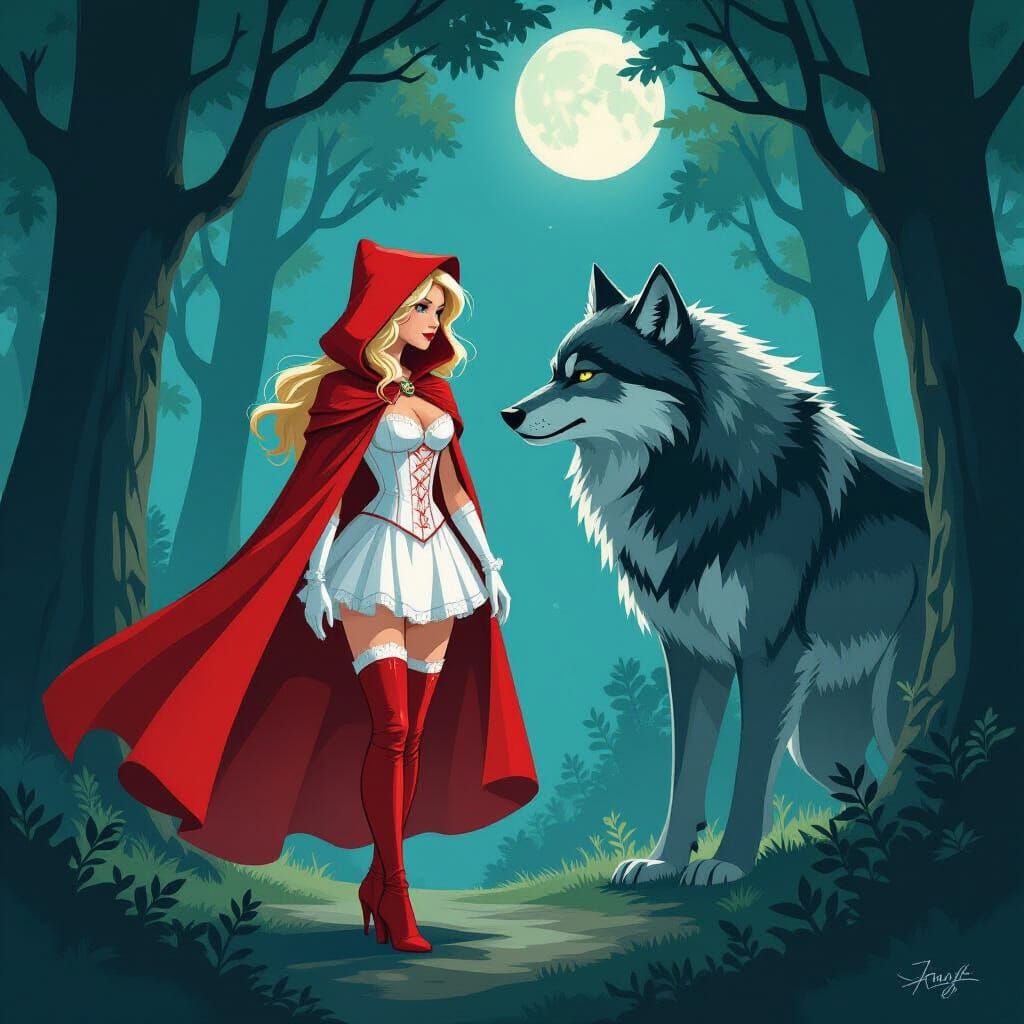 Red Riding Hood Confronts Giant Wolf in Enchanted Forest