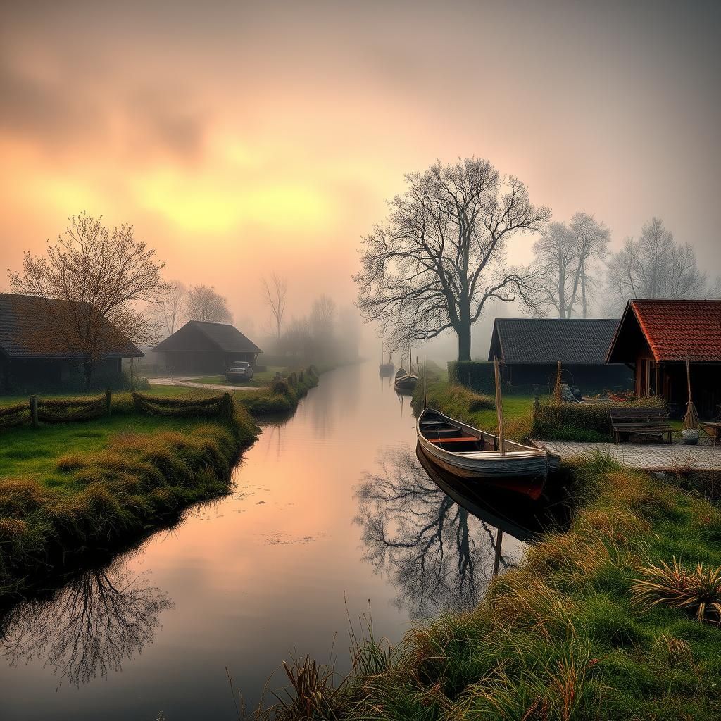 Misty Spreewald Landscape with Wooden Boats in HDR