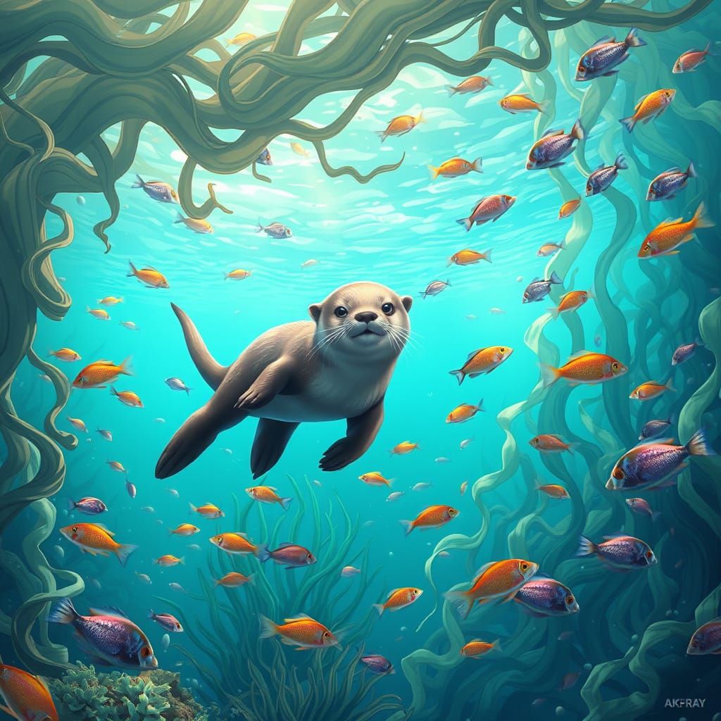 Glistening Otter Glides Through Emerald Kelp Forest