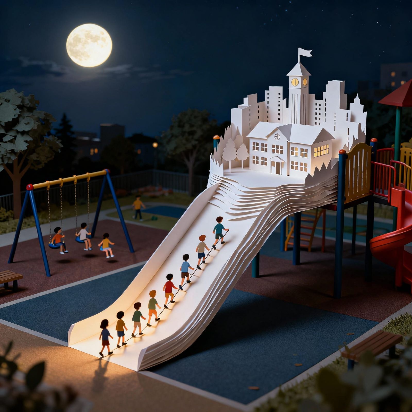 Paper City School on Playground Slide at Night