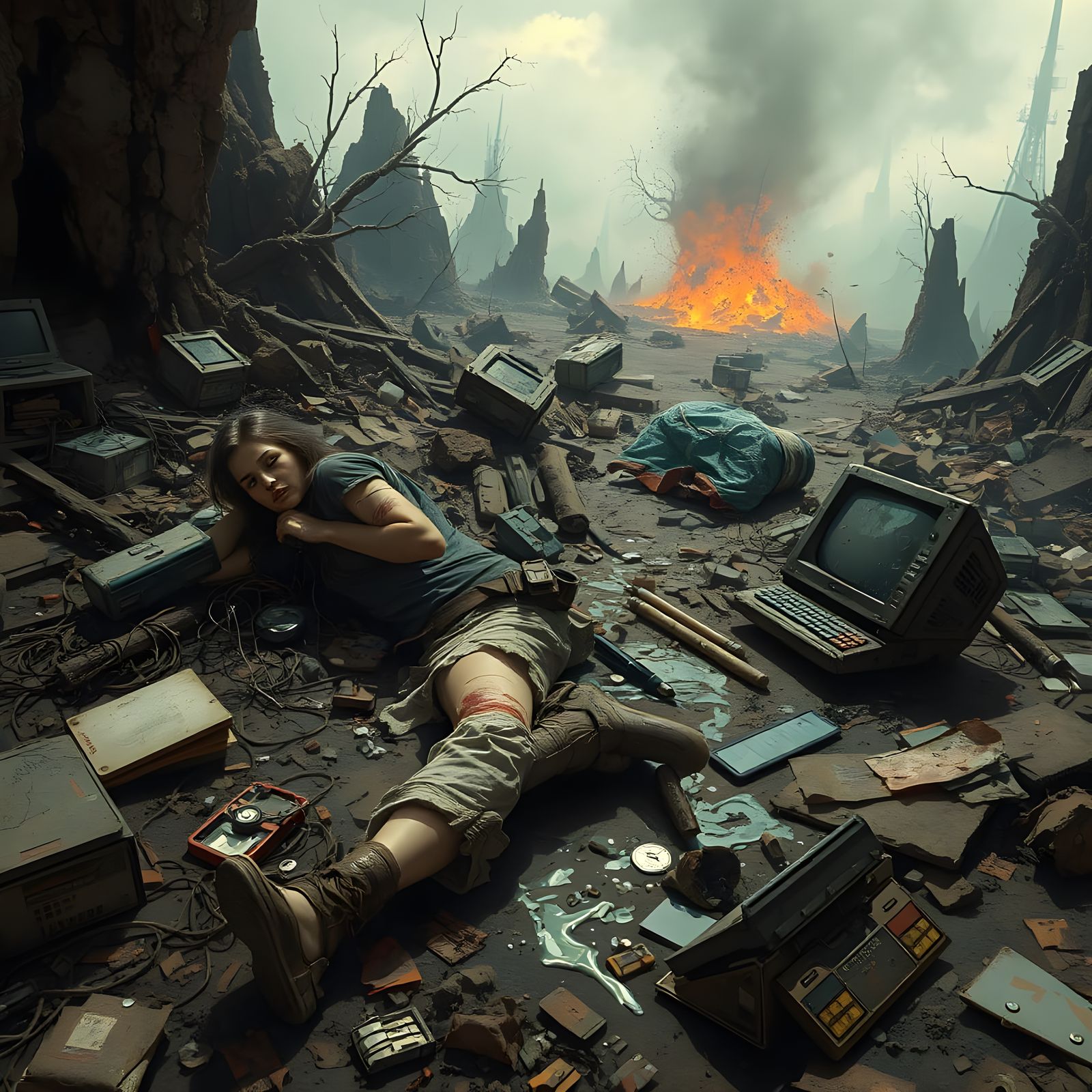 Wounded Woman in Dystopian World, Gothic Horror Style