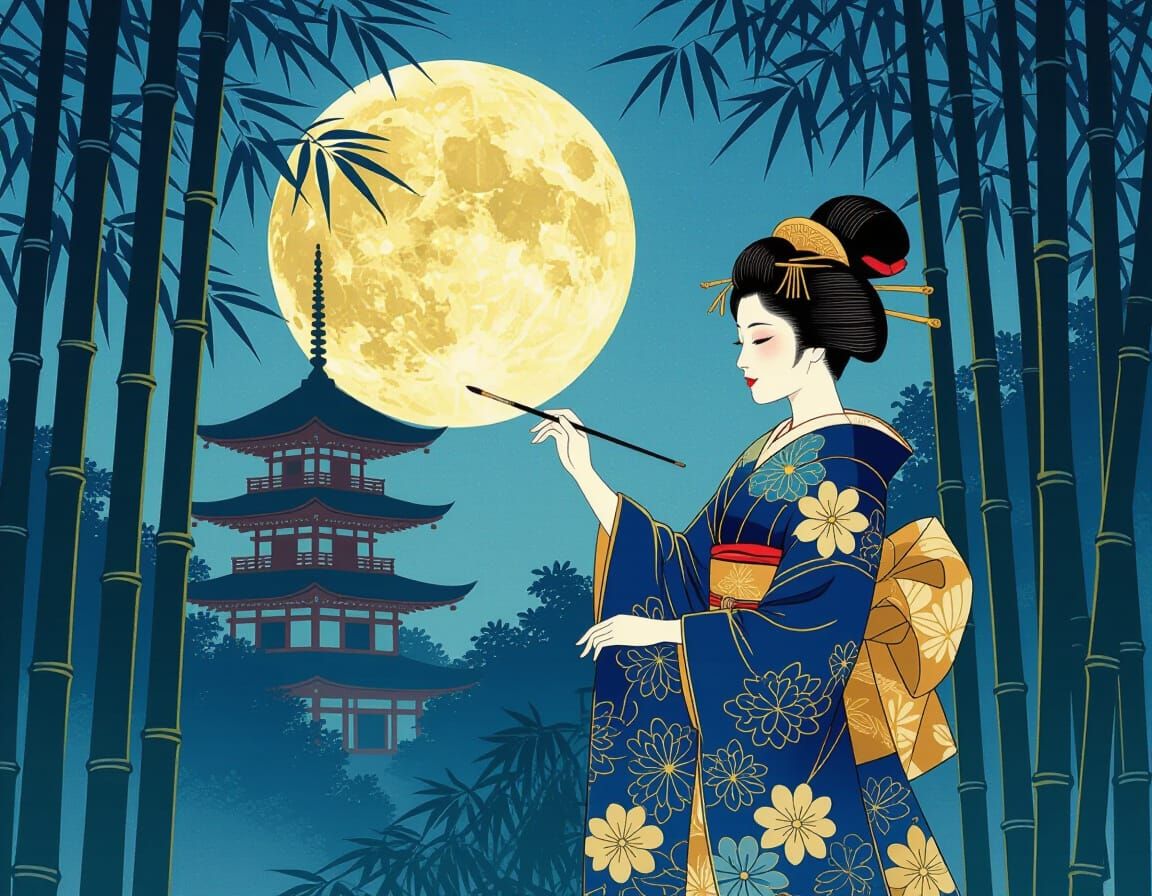 Ukiyo-e Painting of Woman Creating Moon Above Bamboo Forest