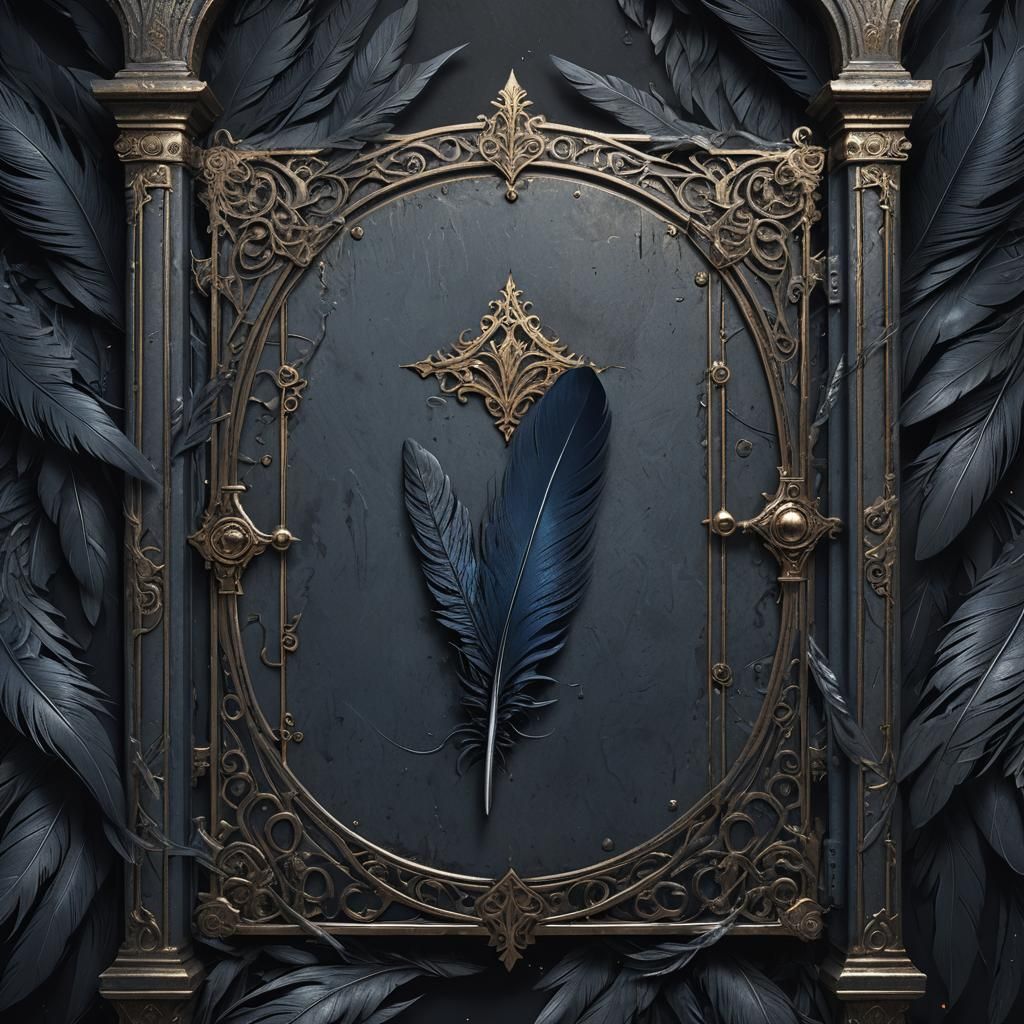 Moody Book Cover with Metal Gates and Blue Feathers