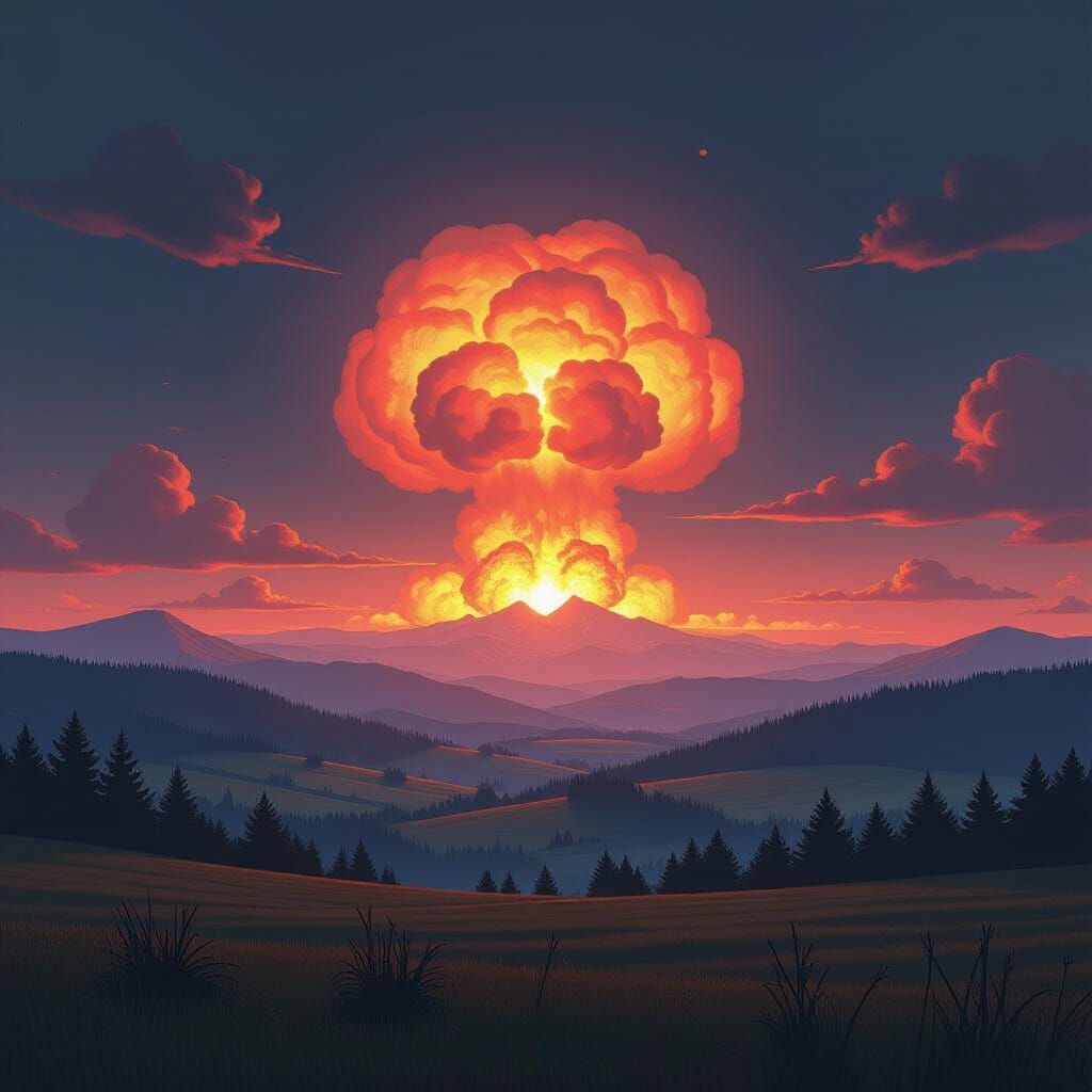 Dystopian Landscape with Distant Nuclear Blast