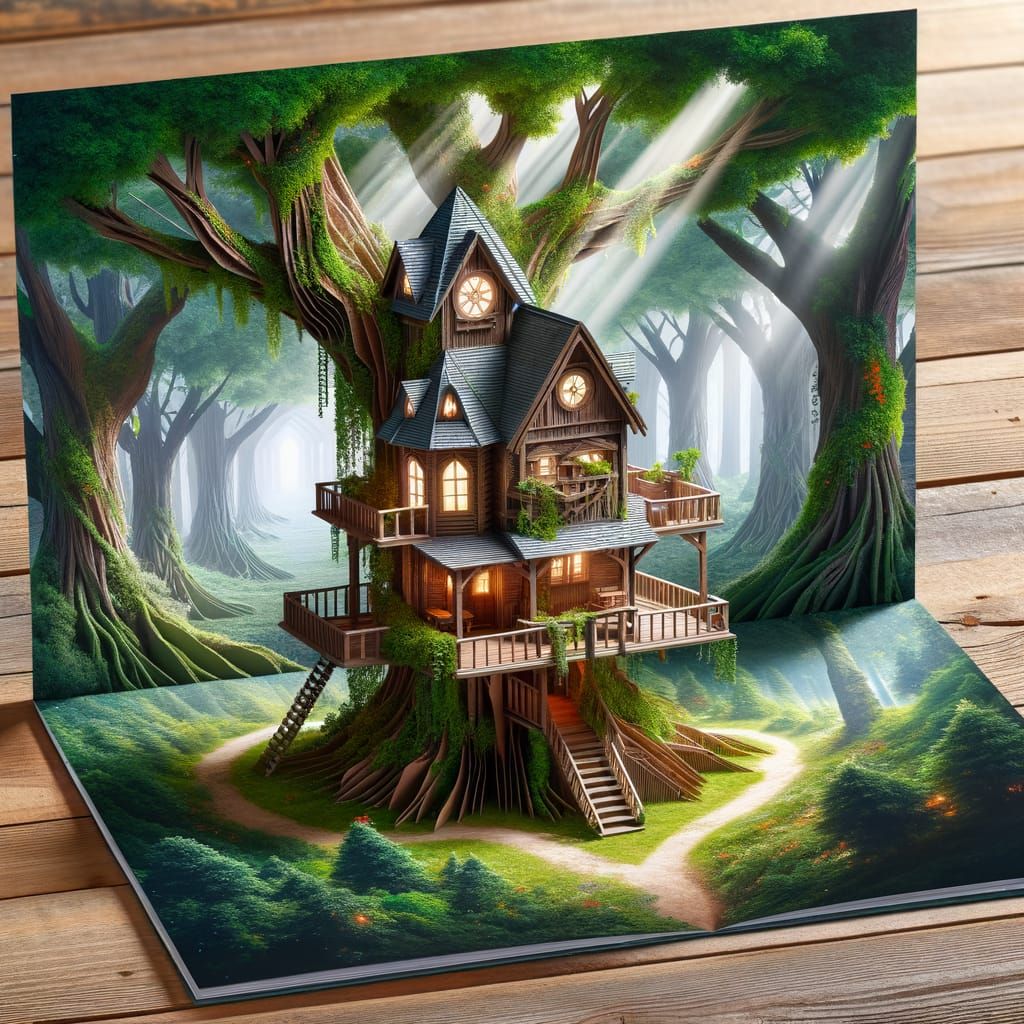 Whimsical Fantasy Treehouse Unfolds from a Magical Book
