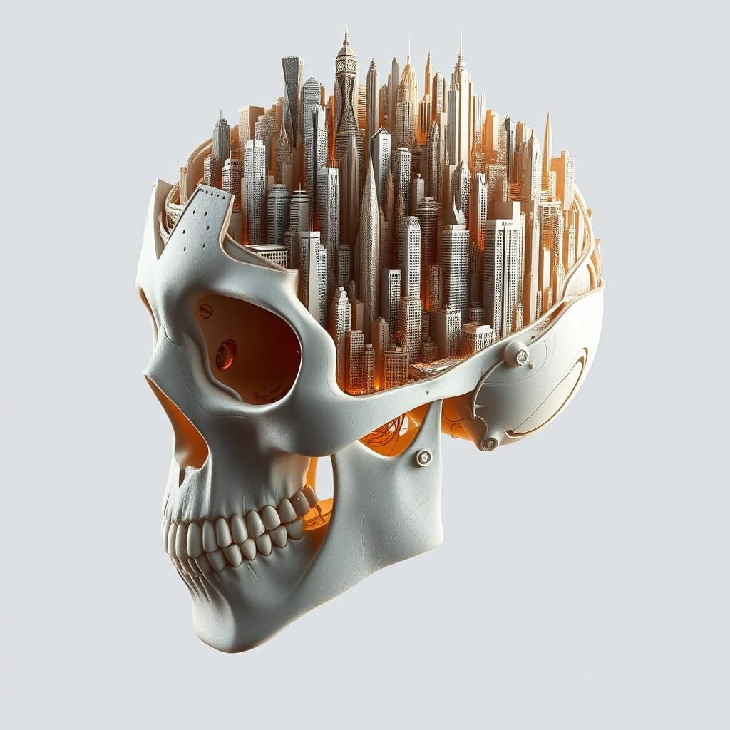 Futuristic Metropolis Carved into a Detailed Skull