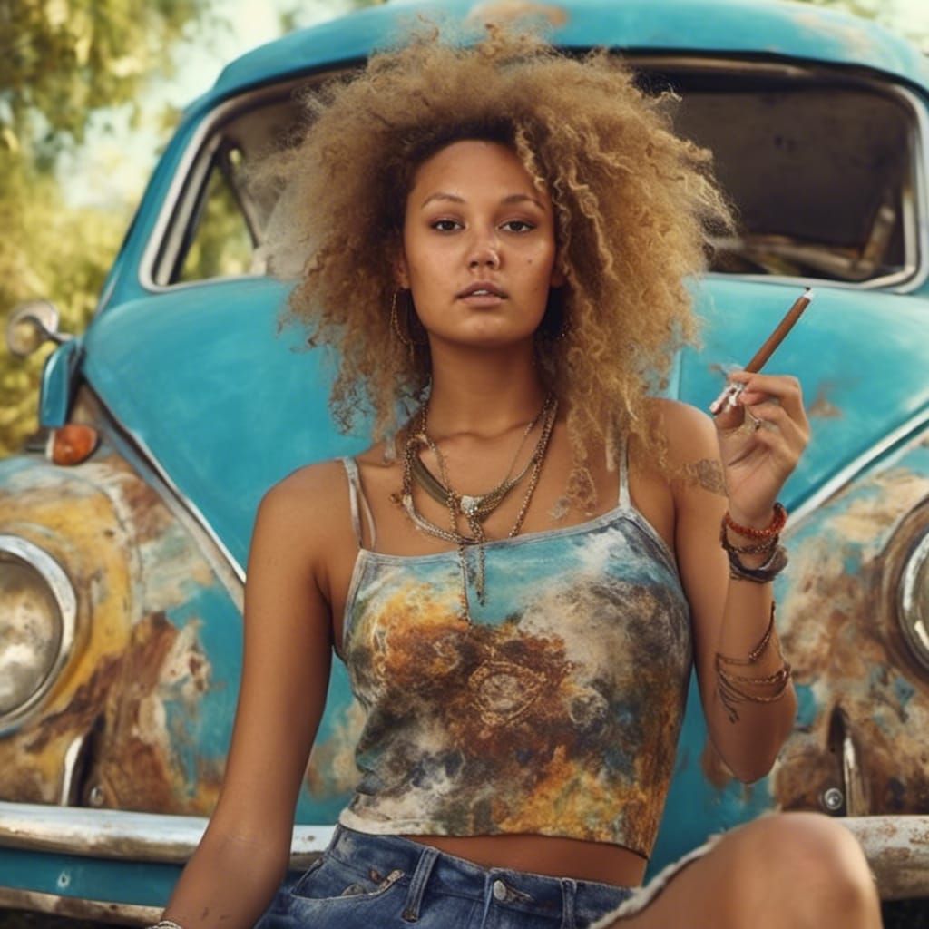 Hippie Woman with Psychedelic VW Bug: Photorealistic