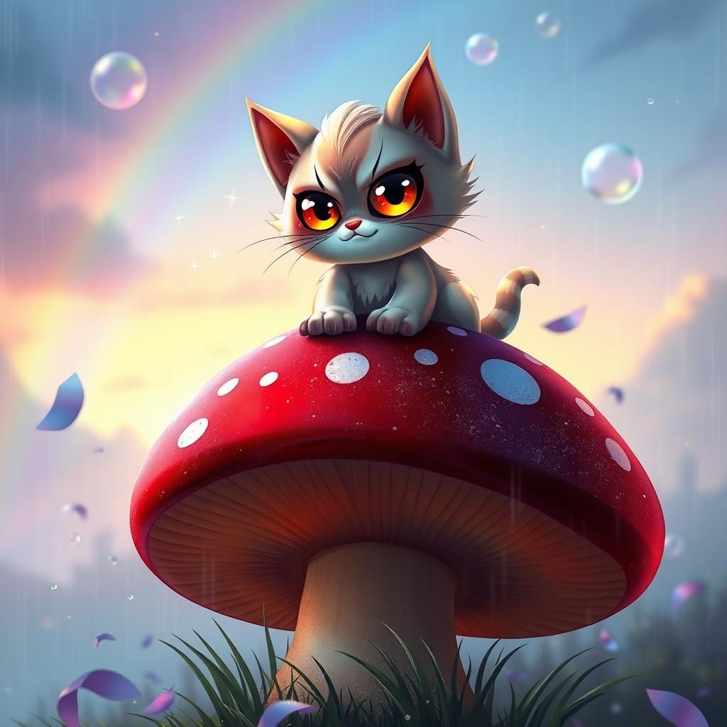 Iridescent Kitten on Mushroom, Pixar-Inspired Fantasy