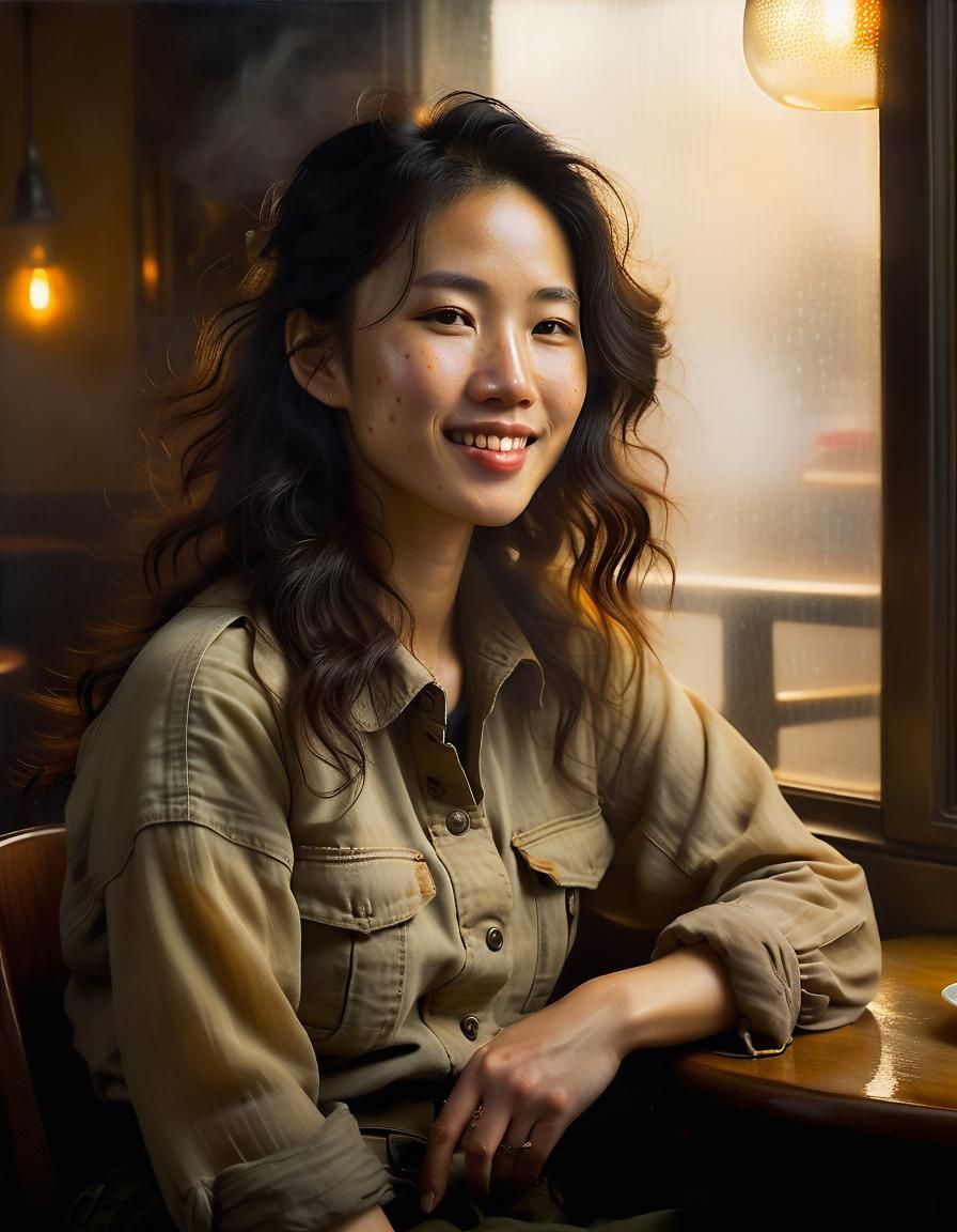 Korean Woman in Cafe: Baroque Oil Painting