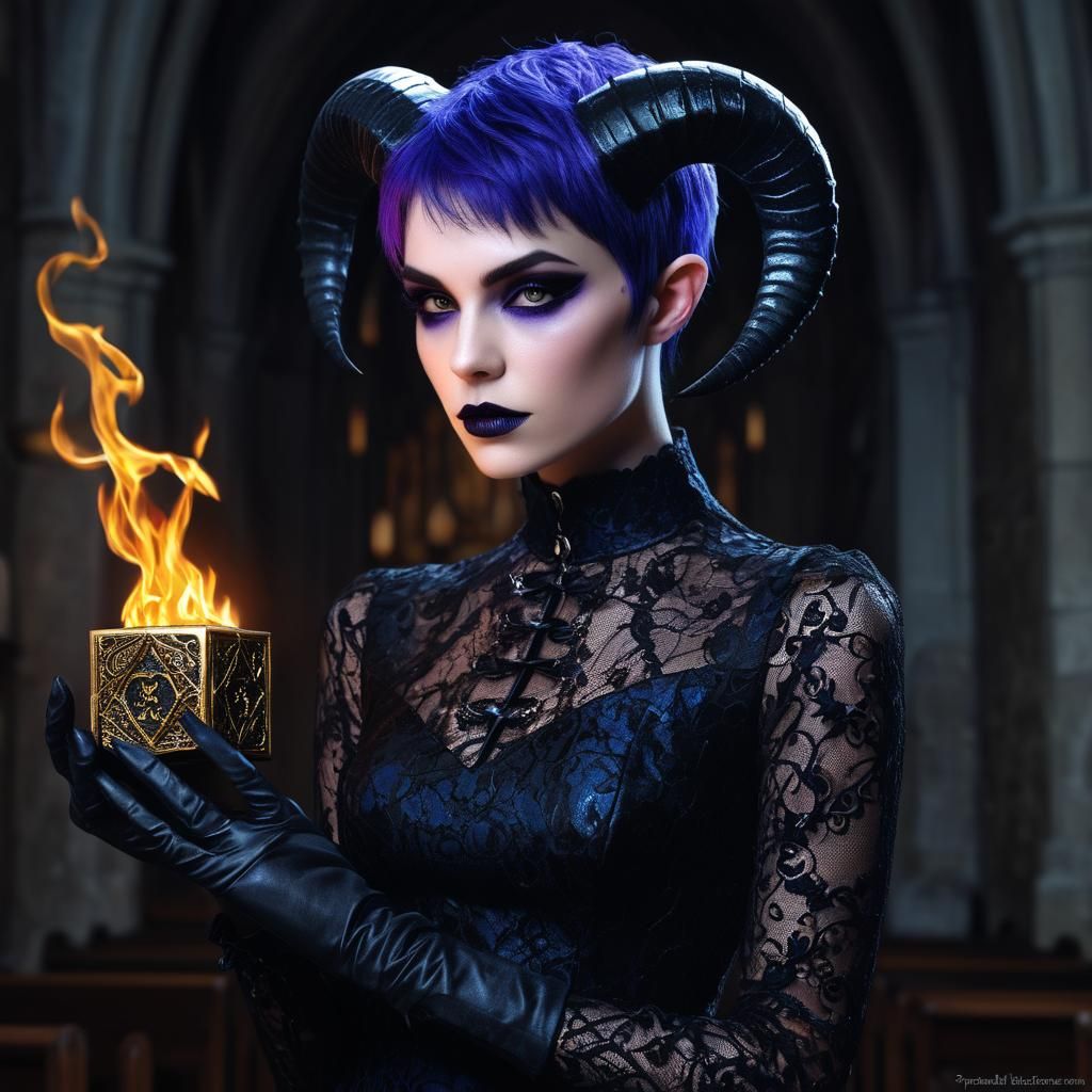 Tiefling with Fire Cube in Anime Art Style