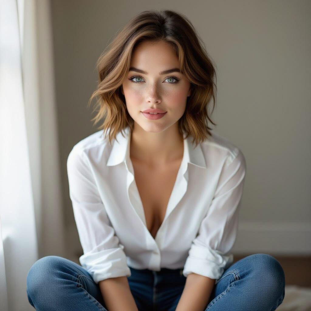 Young Woman with Freckles and Bob Haircut in Natural Light
