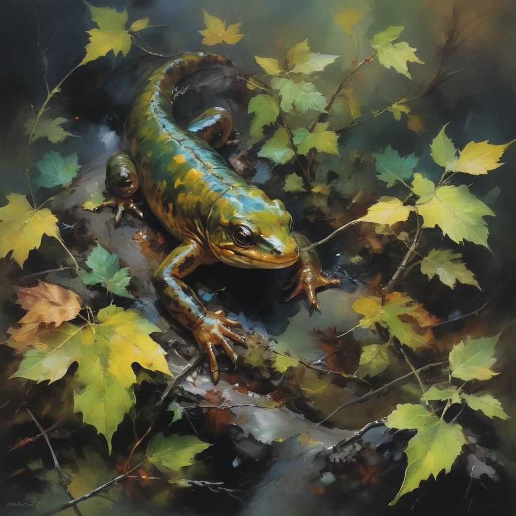 Salamander in Deciduous Forest, Alcohol Ink Style