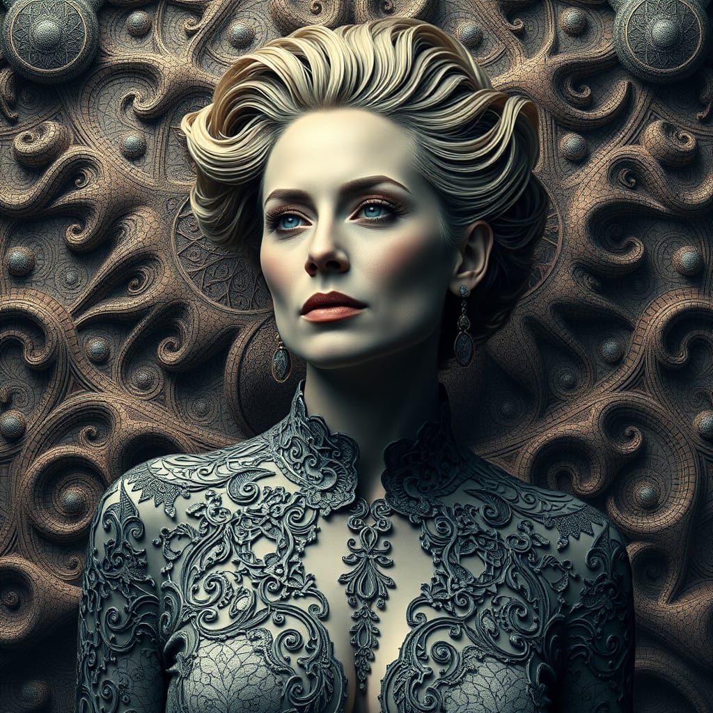 Fierce Woman in Surrealist Style with Fractal Background