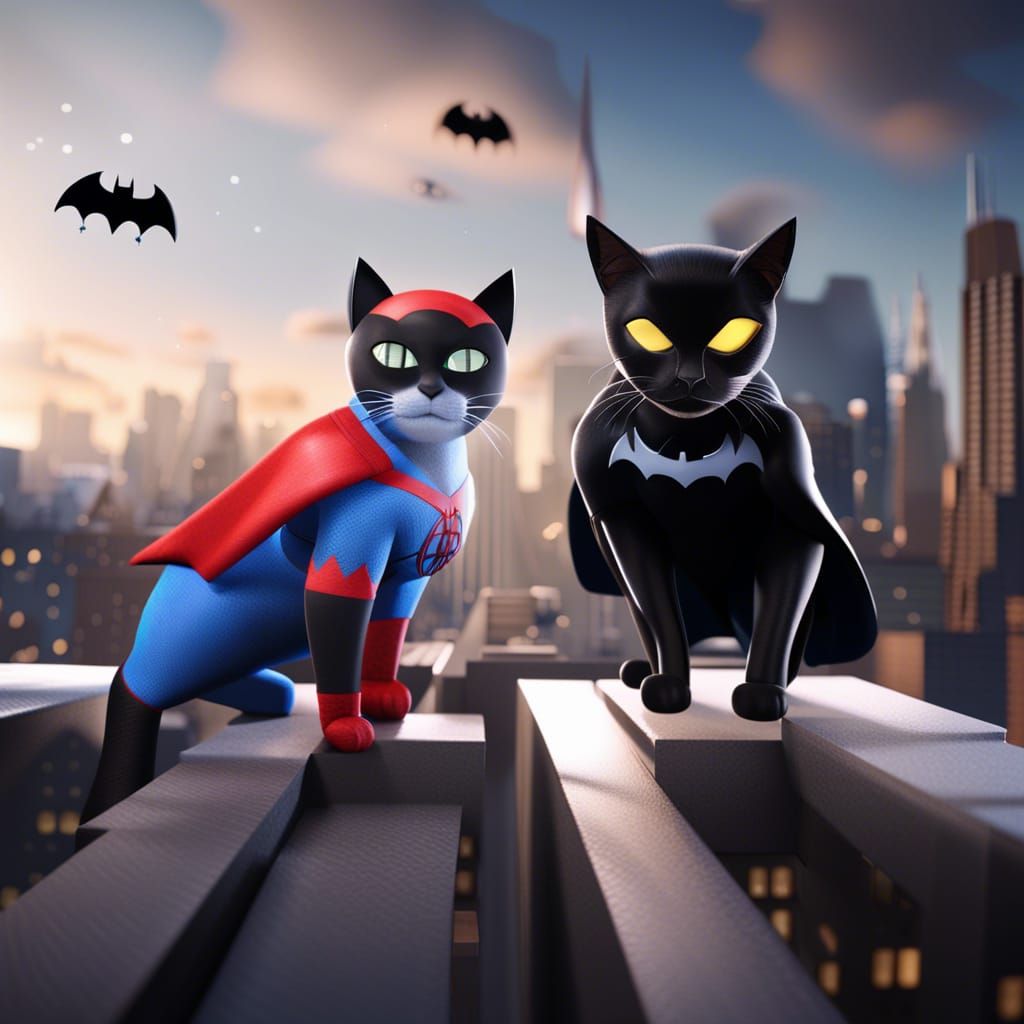 Superpowered Cats as Batman and Spiderman in 3D