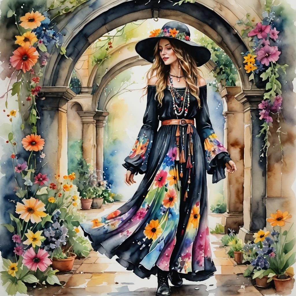 Whimsical Woman in Floral Archway, Watercolor Style