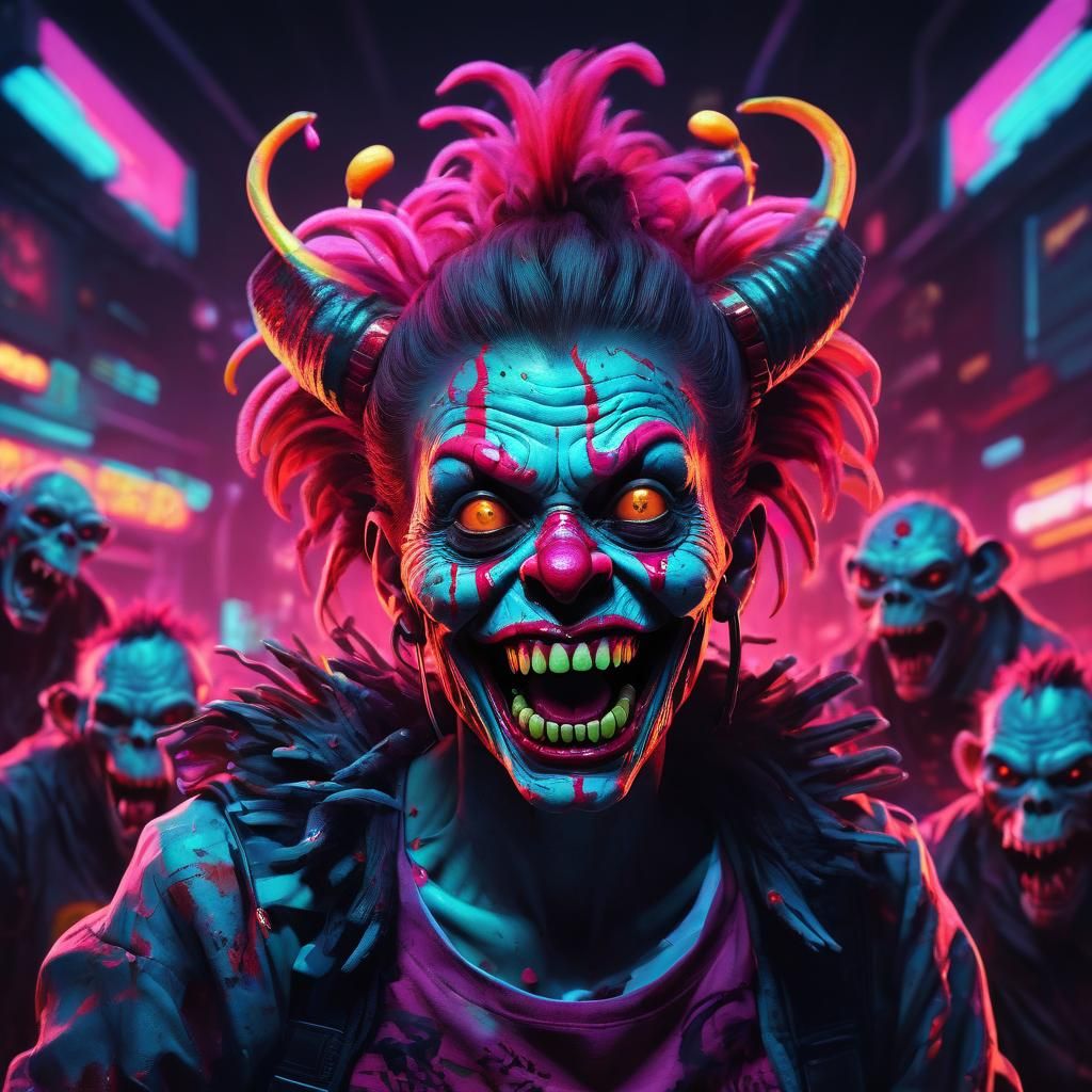 Neon Synthwave Zombie Monkey Clown Portrait