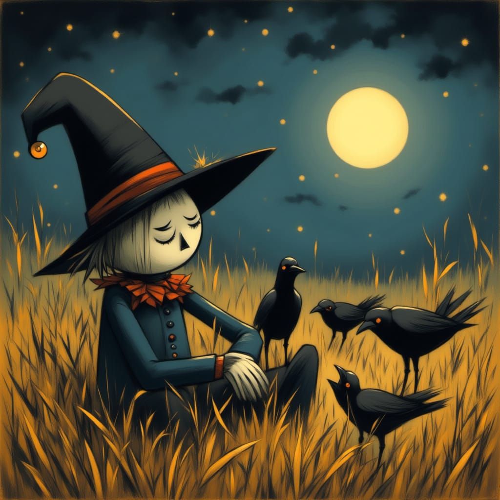 Chibi Kawaii Scarecrow Crying in Wheat Field